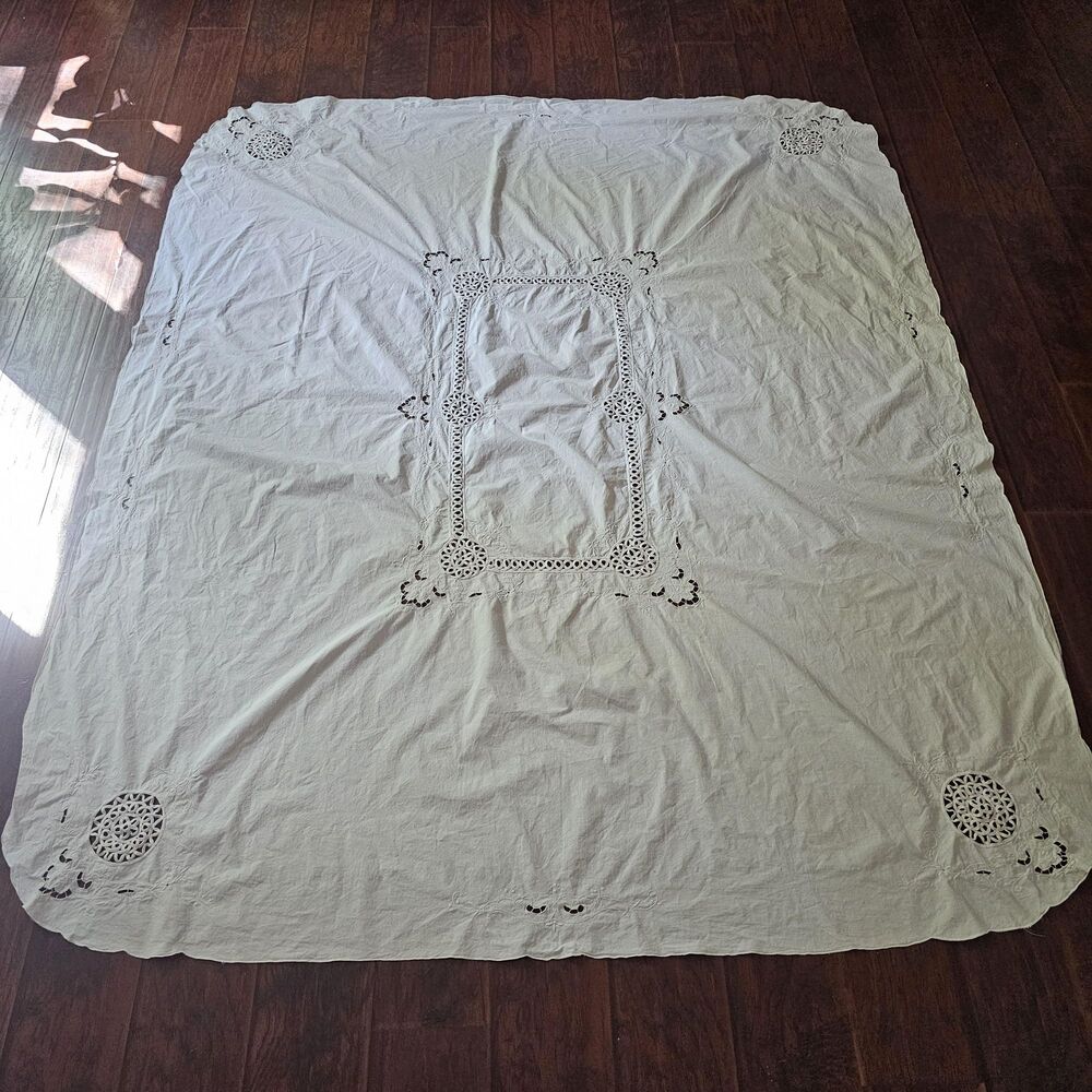 VTG White Battenburg Lace Tablecloth 79x66 Rectangle Embroidered Cutwork Cotton